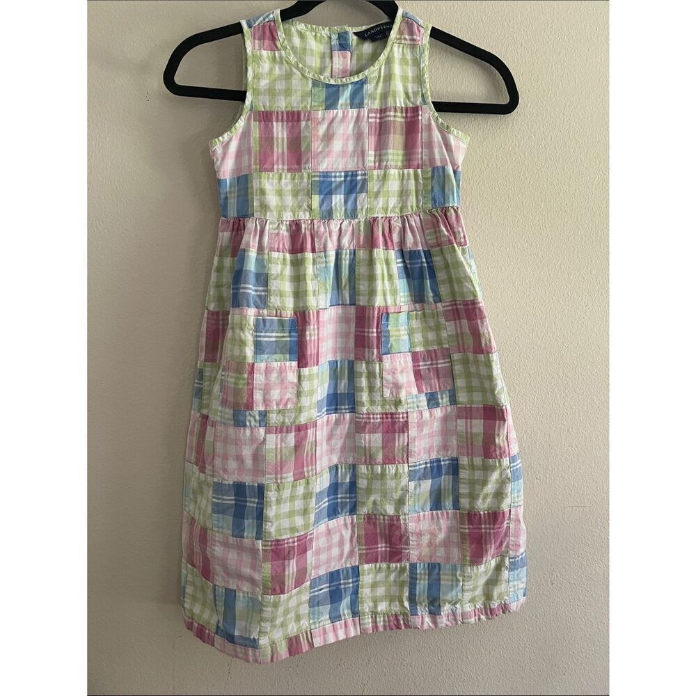 Lands’ End Girls Patchwork Plaid Dress Sleeveless Cotton Pink Blue Green Preppy